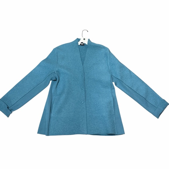 Eileen Fisher Teal Boiled Wool Jacket Cardigan Size M Minimalist - Picture 2 of 6